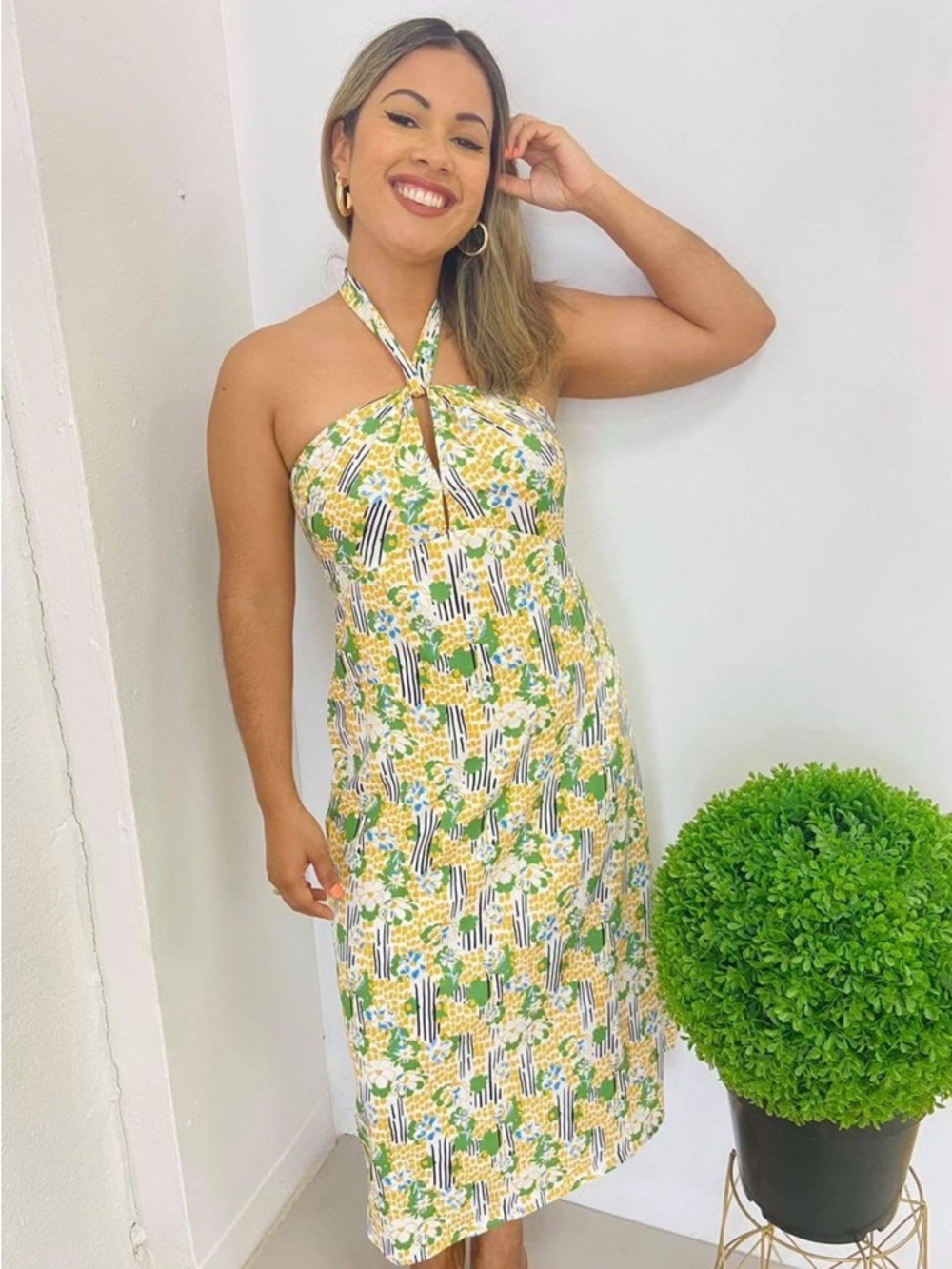 Halter Floral Midi Dress in Yellow and Green